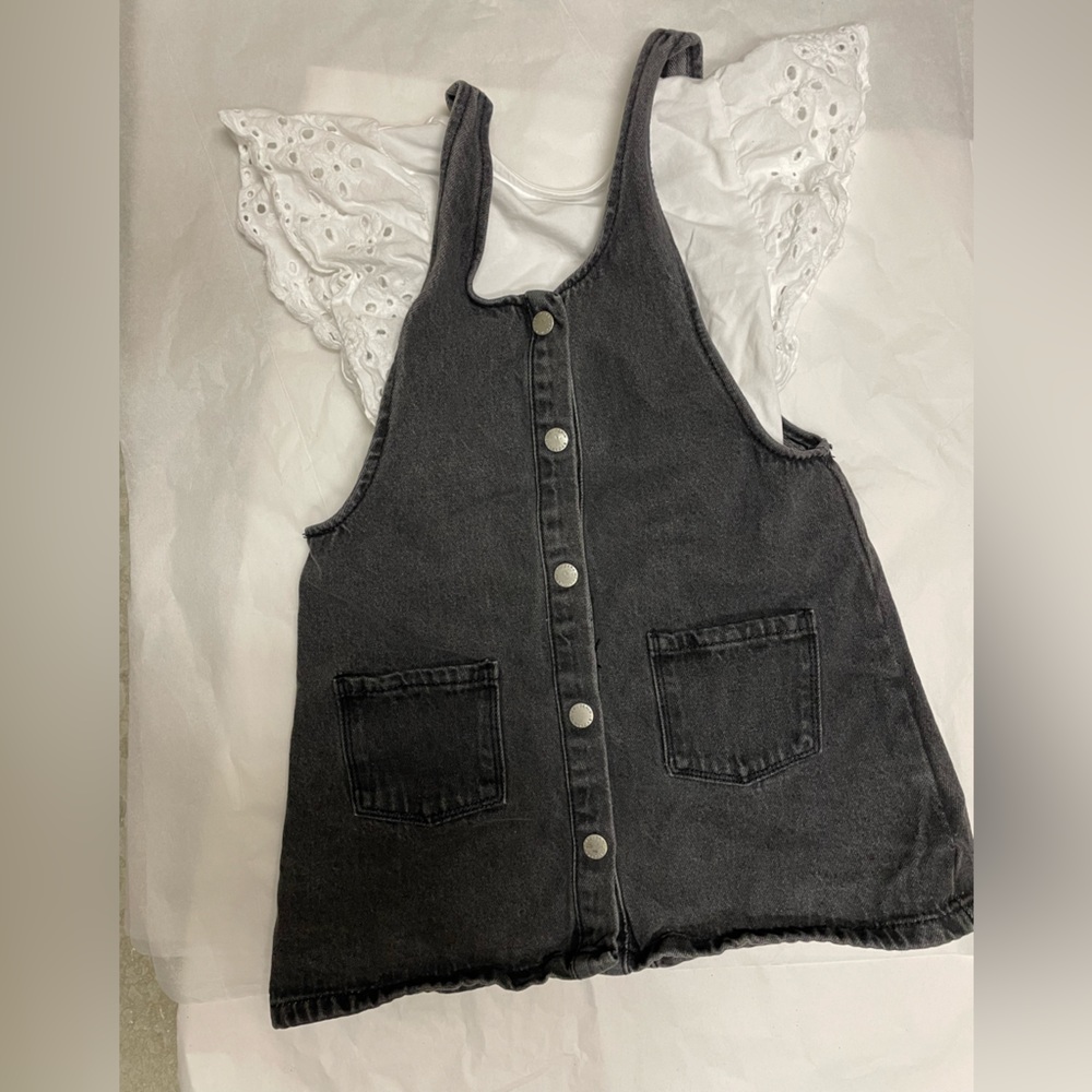 Zara black denim jumper with white eyelet sleeve bodysuit